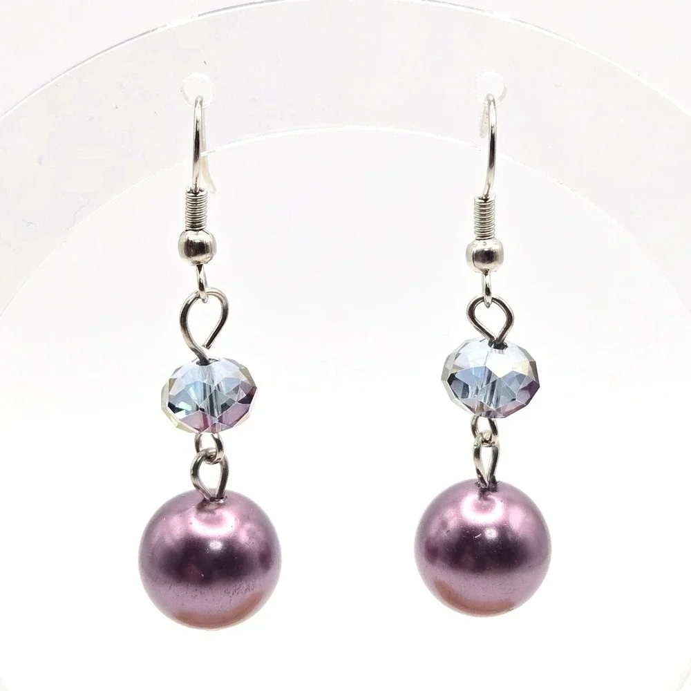 Gray Glass Faux Pearls and AB Glass Beads Silvertone Drop Dangle Hook Earrings‎